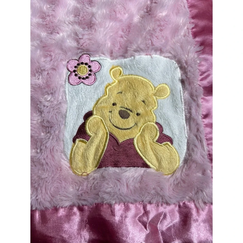 Disney Winnie the Pooh Baby Blanket Pink Satin Trim Rosebud Swirl 30x40 Cozy